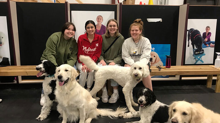 Students posing with group of dogs.