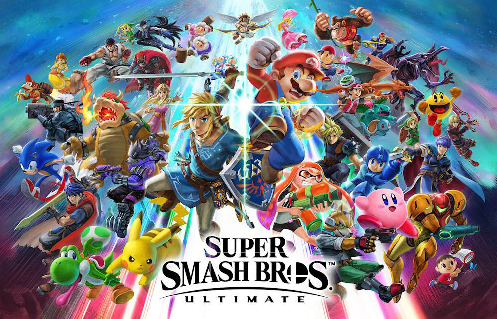 Super Smash Brothers Logo with a lot of different characters