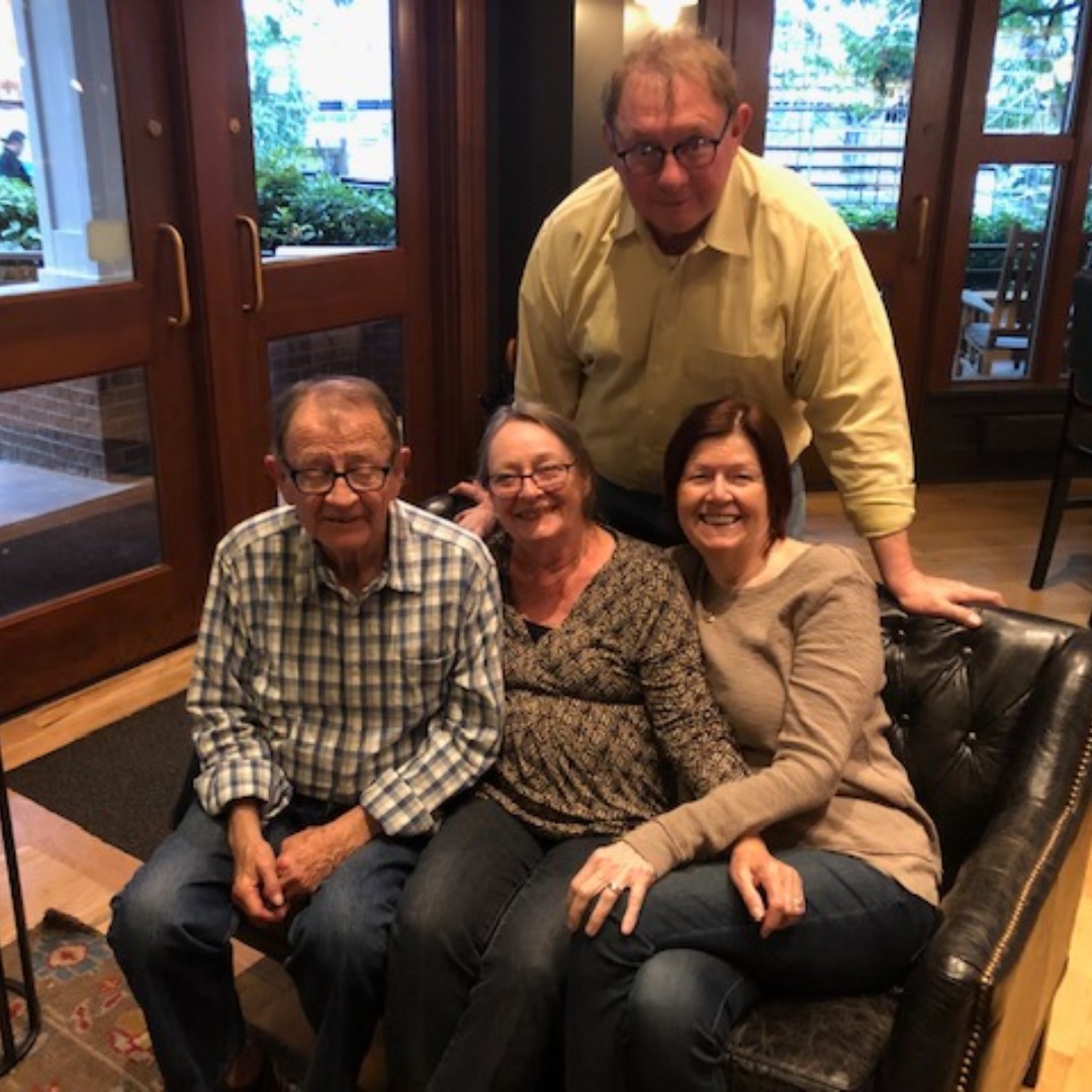 alums Mark Getzfred and Liz Austin reconnected with emeritus professor Mike Stricklan and his wife Cheri in Portland