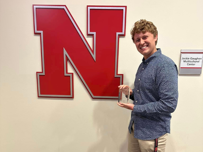 Jacob Vanderford, junior, advertising and public relations and sports media and communication major, receives the Student Leadership Award at the UNL Student Impact Awards on May 4. 