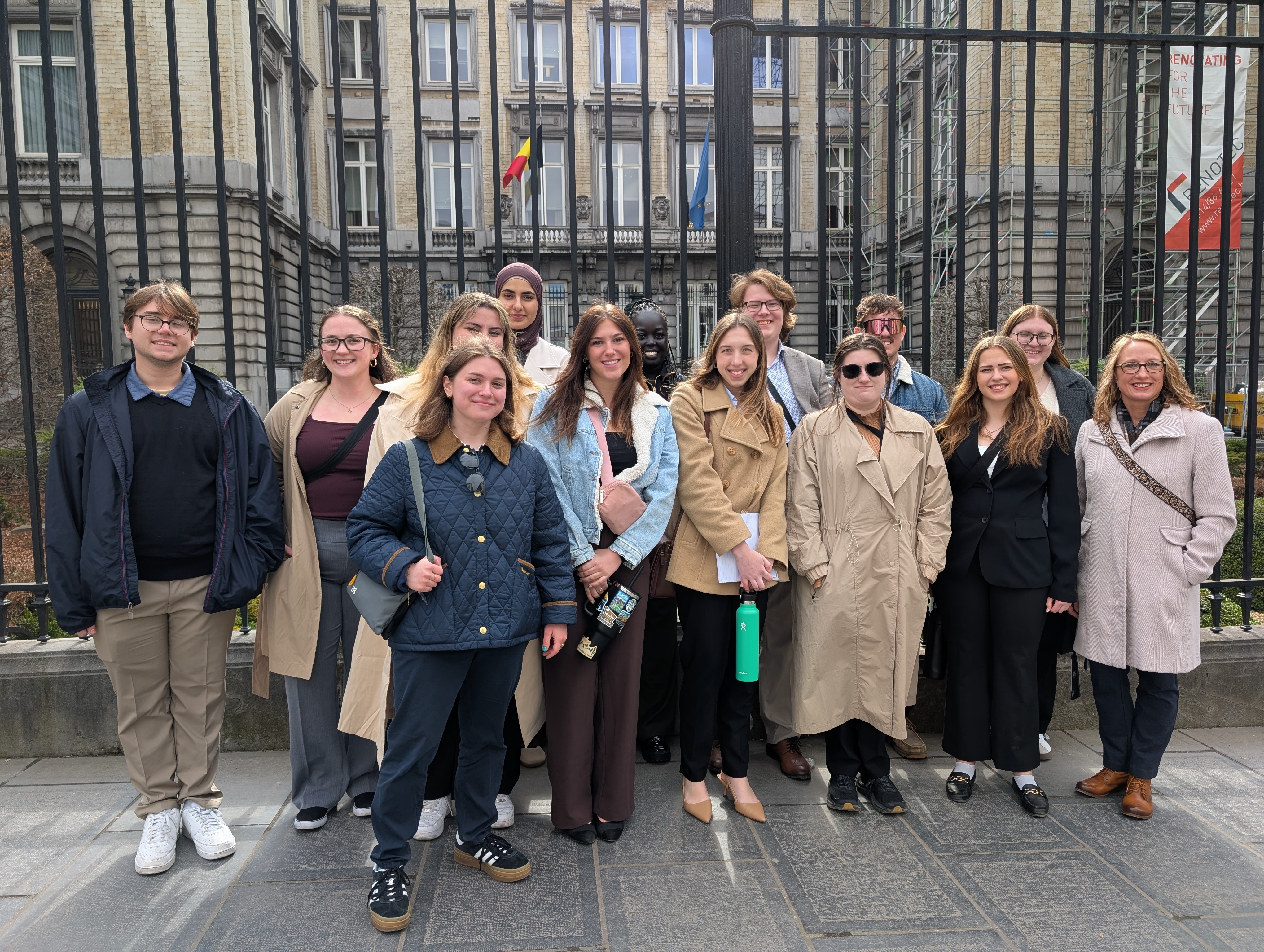 students in front of Belgian government building