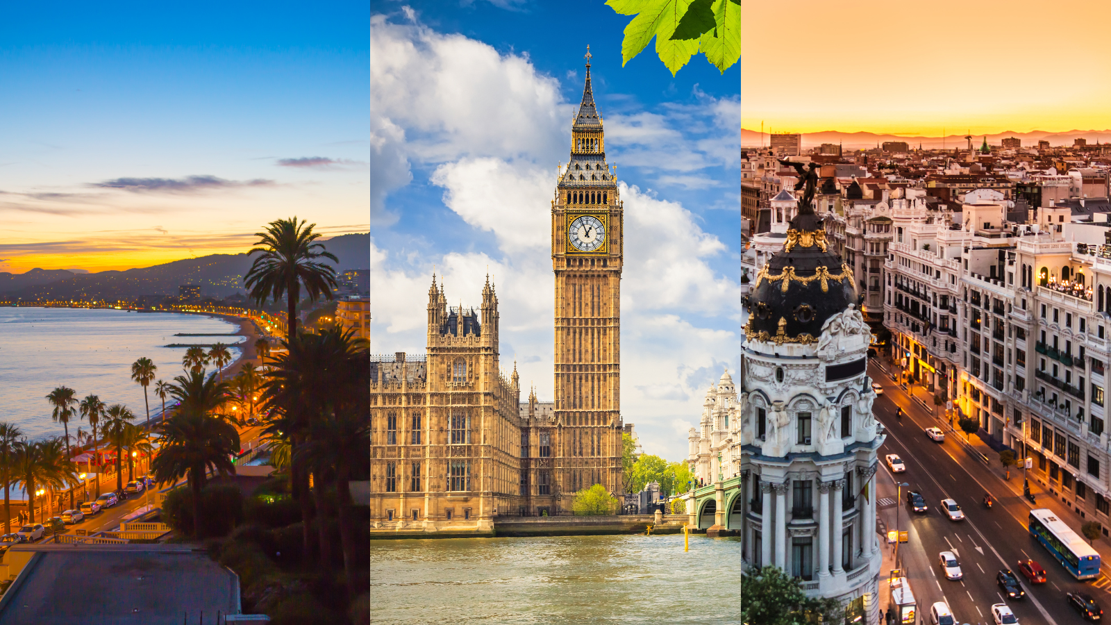 A beach, big ben and a city street