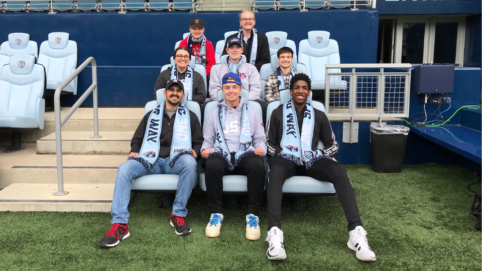 Sports media and communication students in the "Press Box" learning community during a field trip to Sporting KC arena.