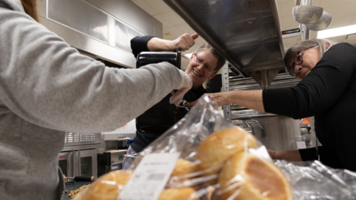 Cheryl Ferree, Leah Albers and Fran O’Leary (left to right) gather at Matt Talbot’s Kitchen and Outreach in Lincoln, Neb., to prepare dinner on Saturday, Feb. 22, 2025. The women volunteer once a month to serve those in need. Anyone can walk into Matt Talbot’s for two free, hot meals every day. 