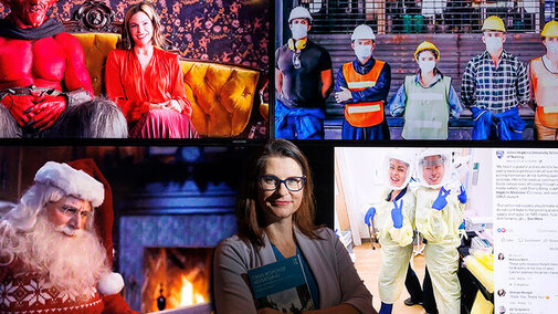 A collage of pictures with Frauke Hachtmann standing in front of the collage