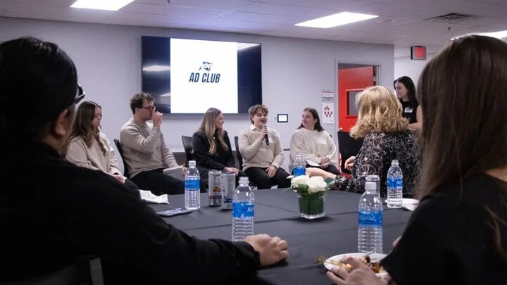 A current UNL student participates in a student panel during the UNL Ad Club’s 100th anniversary celebration at The Agency on Wednesday Dec 5, 2024, in Lincoln, Nebraska.