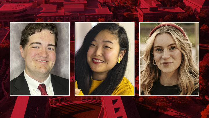 Color portraits of Fulbright award recipients Carson Haberyan (left), Jillian Kurovski (center) and Brigid Toomey on a red campus background.