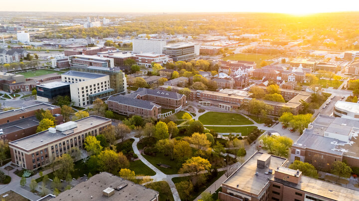 An aerial view of the University of Nebraska–Lincoln's City Campus at sunrise.