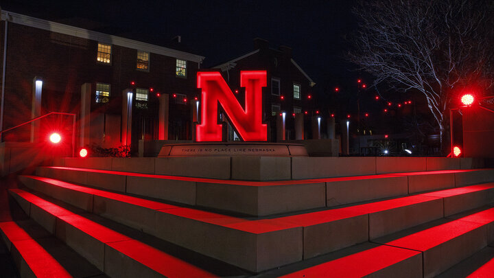 The iconic Nebraska "N" shines outside the Wick Alumni Center during the 2024 Glow Big Red event. The annual day of giving is Feb. 12-13 and gives Huskers a chance to show their love for Dear Old Nebraska U.