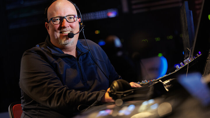 Jamie Wenz, technical director in the College of Journalism & Mass Communications,  sits in the Don and Lorena Meier Studio ahead of Nebraska Nightly’s final show of the year.