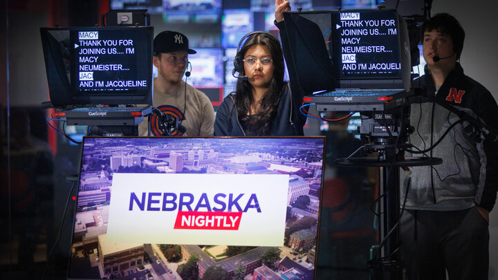 Students in the CoJMC's Nebraska Nightly prepare for a live broadcast.