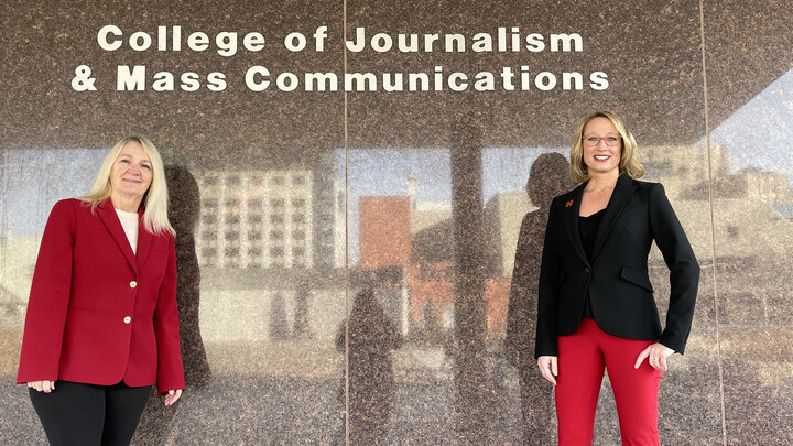 Former Interim Dean Amy Struthers and Dean Shari Veil outside Andersen Hall. 