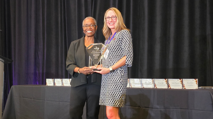 From left: AEJMC President, Vice Provost and Associate Vice President for Faculty and Academic Staff Affairs at Michigan State University Teresa Mastin and Jane T. Olson Endowed Dean of Nebraska's College of Journalism and Mass Communications Shari Veil.