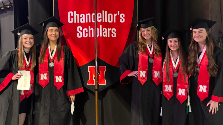 May 2025 Chancellor's Scholars (from left): Emily Arnold, Nora Crimmins, Maddie Hansen, Ella Masso, Emily Stoner 