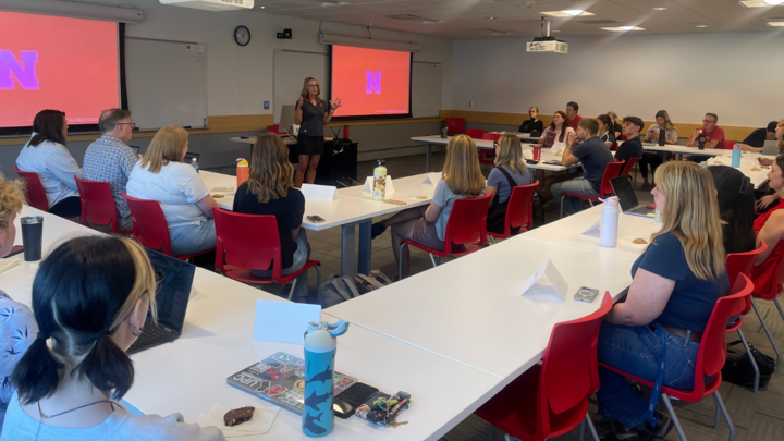 Shari Veil, Jane T. Olson Endowed Dean of the College of Journalism and Mass Communications gives opening remarks at the CoJMC student leadership retreat.