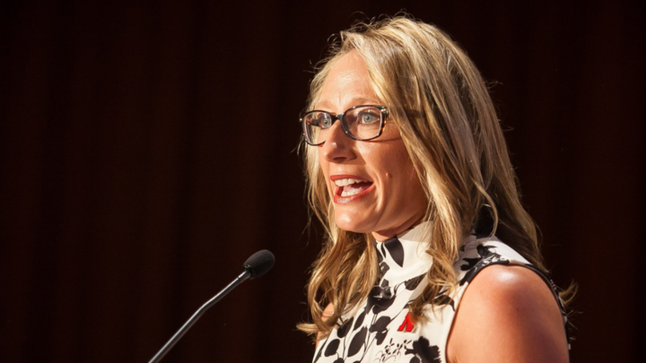 UNL College of Journalism and Mass Communications Dean Shari Veil shares her thanks after being honored with the 2023 Friend to Broadcasters Award.