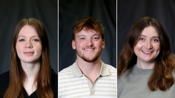 From left: senior broadcasting major Marissa Lindemann of Nevada, Iowa; May 2025 graduate Ryan Luetkemeyer of Webster Groves, Missouri and May 2025 Meghan O'Brien of Fremont, Nebraska.