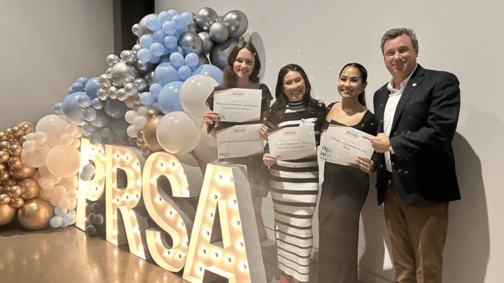 Paper Anvil Award-winners and CoJMC students (from left) Madalyn Backes, Ryann Zechmann and Erica Napuli pictured with Truescope President Todd Murphy.