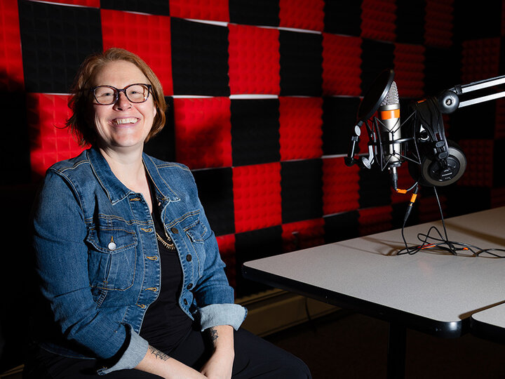 Kelli Boling is photographed in the podcast studio in Andersen Hall.