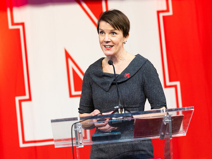 Valerie Jones, interim associate dean for research and faculty affairs in the College of Journalism and Mass Communications, shares the college's "why" during the University of Nebraska–Lincoln's Charter Day celebration.