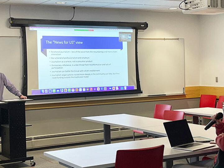 Professor Joe Weber responds to a student question during the Business of News class on Jan. 27, 2022.