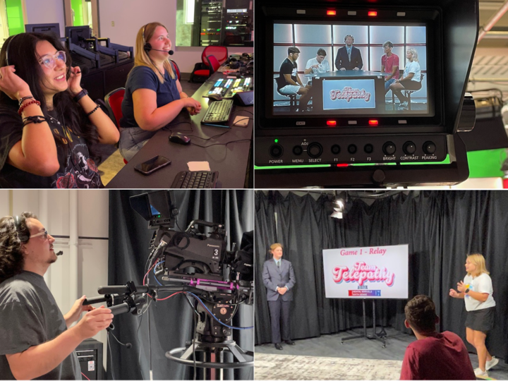 composite of four photos showing students in a television studio