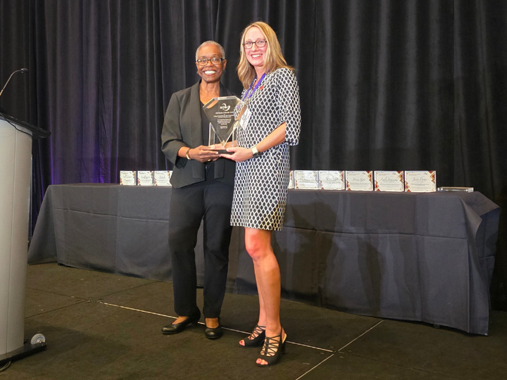 From left: AEJMC President, Vice Provost and Associate Vice President for Faculty and Academic Staff Affairs at Michigan State University Teresa Mastin and Jane T. Olson Endowed Dean of Nebraska's College of Journalism and Mass Communications Shari Veil.