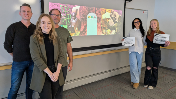 (From left) Judges Casey Stokes, Sarah Northcutt and Sean Faden pictured with 2024 BL Design Diversity winners Veronica Cucci and Katlyn Eggert and their winning design.