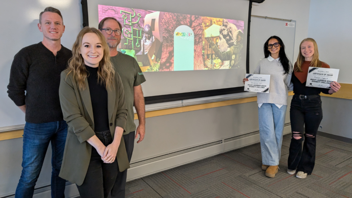 (From left) Judges Casey Stokes, Sarah Northcutt and Sean Faden pictured with 2024 BL Design Diversity winners Veronica Cucci and Katlyn Eggert and their winning design. 