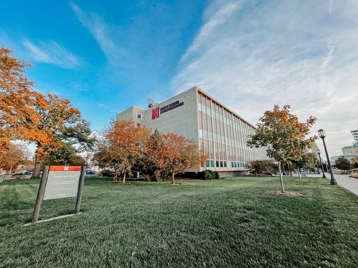 Trees in front of a building