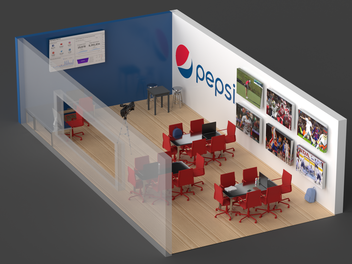 3d rendering of a classroom with a Pepsi logo on the wall