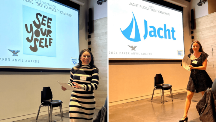 (From left) Senior advertising and public relations major Ryann Zechmann accepts an award for the 2024 Bateman Competition Team and senior advertising and public relations major accepts an award for Jacht Agency. 