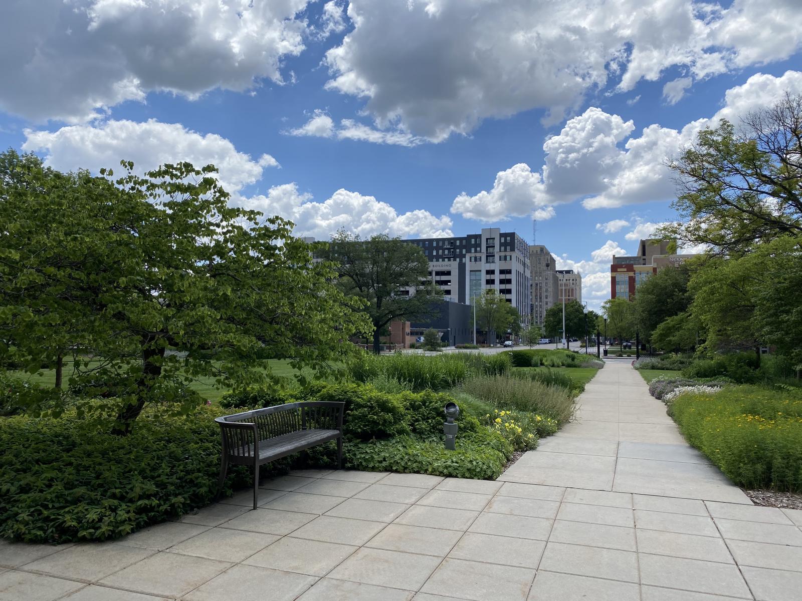 View of downtown Lincoln from the lawn of Love Library at the University of Nebraska–Lincoln. [Brittany Meiners | Student Affairs] 